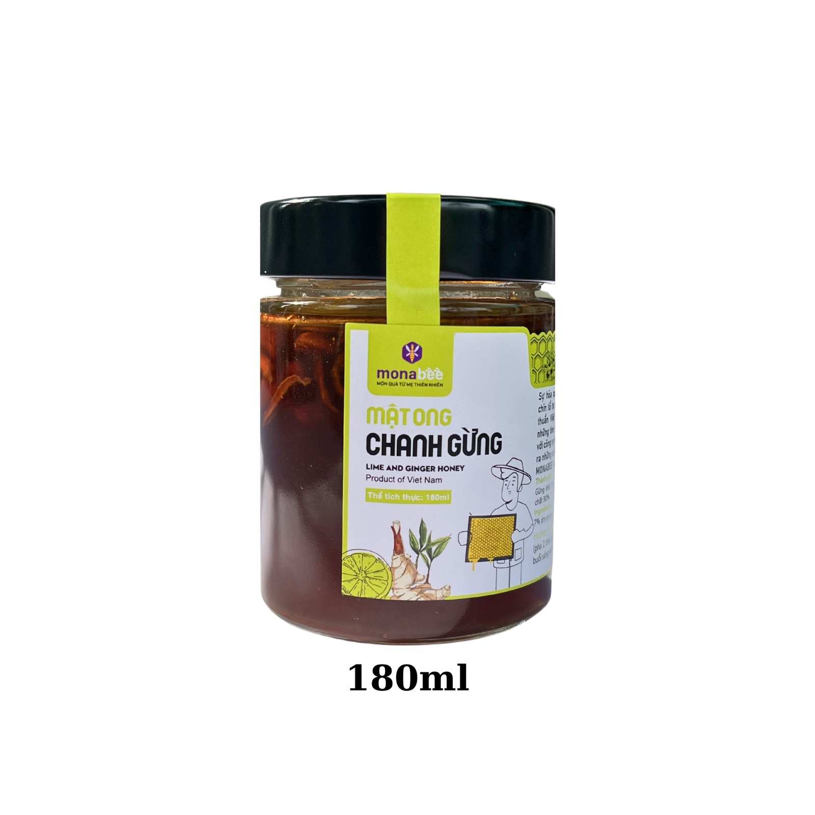 Mật Ong Chanh Gừng Monabee – Mật ong nguyên chất và thảo dược sấy thăng hoa – Hũ 180ml